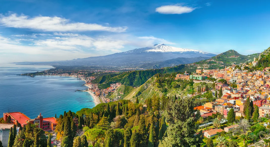 View of Taormina, Mt. Etna, and the coastline