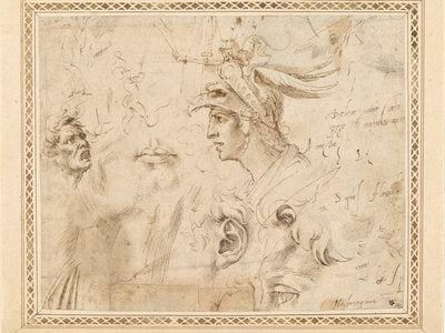 Studies of Male Heads, Helmets for Soldiers and Facial Features, Michelangelo, circa 1504