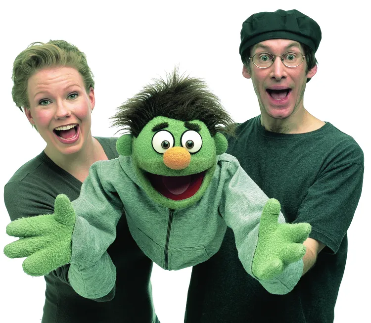 Jennifer Barnhart and Rick Lyon with the Avenue Q puppet, Nicky. Barnhart and Lyon will speak at a Smithsonian Associates event on April 27.