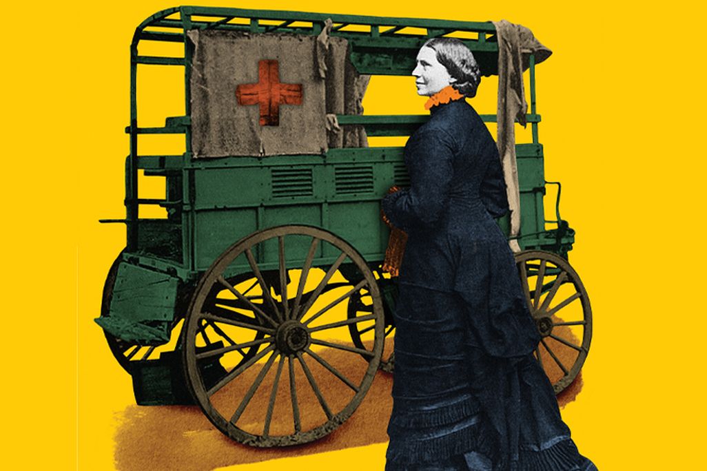 A colorful illustration of Clara Barton with her ambulance