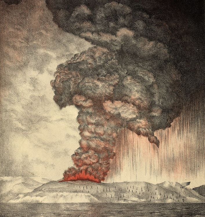 An 1888 lithograph of the 1883 eruption of Krakatoa