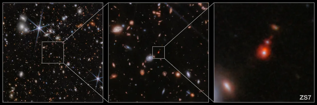 three images side by side, each getting progressively closer to the system ZS7, where the two merging black holes were seen.