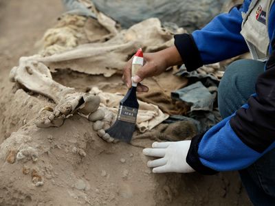 An archeologist works at the site where 16 tombs belonging to 19th-century Chinese immigrants were discovered, at Huaca Bellavista in Lima, Peru.