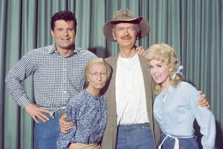 "The Beverly Hillbillies"&nbsp;cast in 1963, from left to right: Max Baer Jr. (as Jethro Bodine); Irene Ryan (as Granny, Daisy Moses); Buddy Ebsen (as Jed Clampett); and Donna Douglas (as Elly May Clampett)