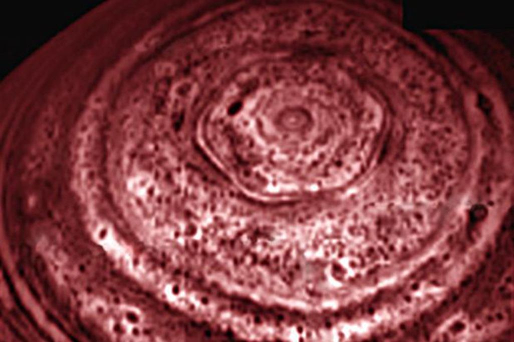 An odd hexagonal feature in Saturn's clouds.