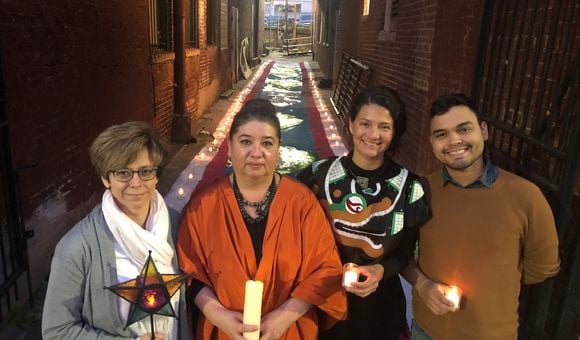 2018 SLC Day of the Dead. From left to right: Melissa Carrillo, SLC New Media & Technology Director; Xanath Caraza, Scholar and Writer; Frida Larios, Artist; José A. Ralat, Digital Media Specialist. Photo by Tyler Orsburn. 