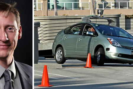 Google's energy chief Rick Needham (left) has some lofty goals for the future of energy, including self-driving cars like the Google Car, shown here on a driver-less test drive (right).