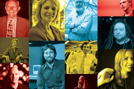 Top to bottom from upper left: Jim Clark, Brenda Laurel, Tony Fadell; Carol Bartz, Steve Wozniak; Kevin Kelly, Nolan Bushnell, Marissa Mayer; Larry Page, Jaron Lanier, Tiffany Shlain