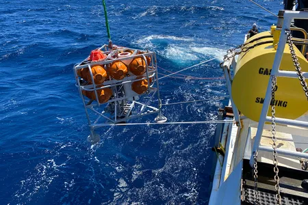 One of the new benthic&nbsp;landers is lowered into the Gulf of Mexico via a system of winches and safety lines. Once released, the autonomous platform sinks at a carefully calculated rate until it lands on the seafloor.