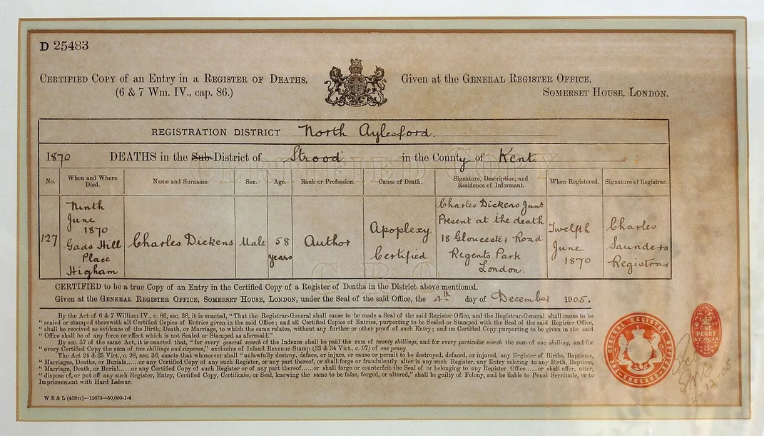 Charles Dickens' death certificate