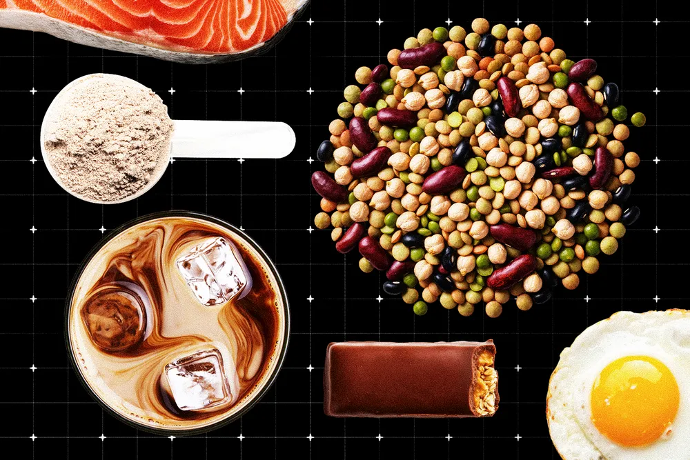 collage with salmon, a scoop of protein powder, beans, a fried egg, a protein bar and iced coffee