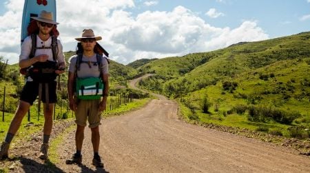 Justin DeShields (left) and Bryan Morales, shown near of the Santo Tomas Valley, are venturing north to south down the Baja California peninsula. The Californians have gone about one-third of the way since early February.