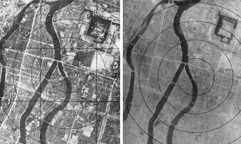 Aerial views of Hiroshima before and after the bombing