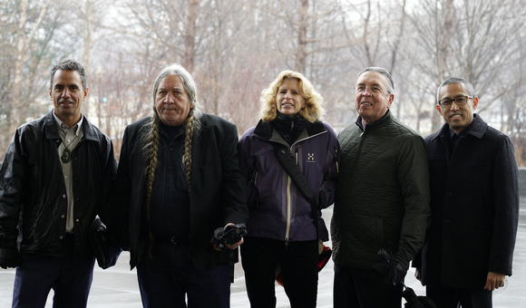 Finalists in the design competition for National Native American Veterans Memorial to be built on the grounds of the National Museum of the American Indian in Washington, D.C. From left to right: Leroy Transfield (Māori: Ngai Tahu/Ngati Toa), Daniel SaSuWeh Jones (Ponca), Stefanie Rocknak, Harvey Pratt (Cheyenne/Arapaho), James Dinh; not shown: Enoch Kelly Haney (Seminole). (Travis Helms, National Museum of the American Indian, Smithsonian)