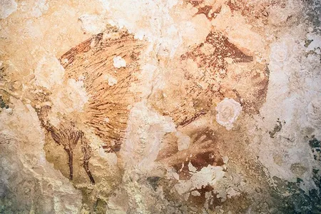 A fragmented painting of a pig-deer or babirusa (Babyrousa sp.) and hand stencil from one of the caves in Sulawesi, Indonesia. 
