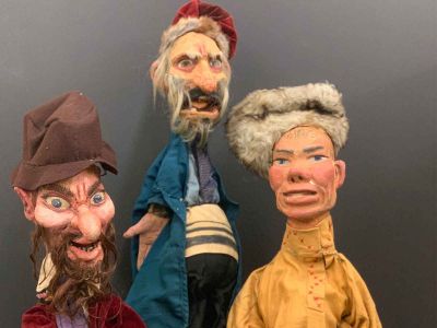 Three of Yosl Cutler’s surviving puppets: two Jewish characters and one Russian. These were constructed circa 1933. (Photo courtesy of the Archives of the YIVO Institute for Jewish Research)