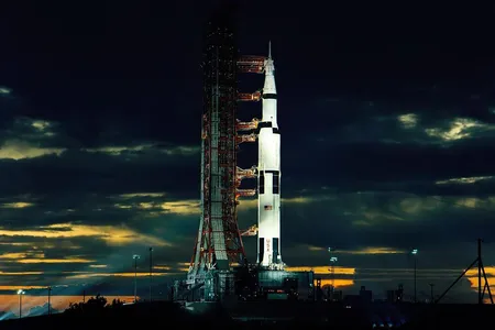 The Apollo 17 Saturn V rocket, the last human flight to the moon, on its launch pad at dusk on November 21, 1972

