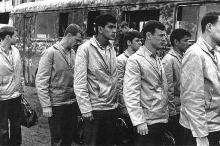 American POWs in North Vietnam lining up for release on March 27, 1973