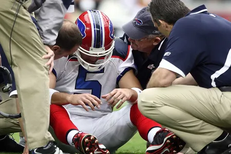Quarterback Trent Edwards of the Buffalo Bills suffers a concussion after getting hit during the first half of an NFL game.
