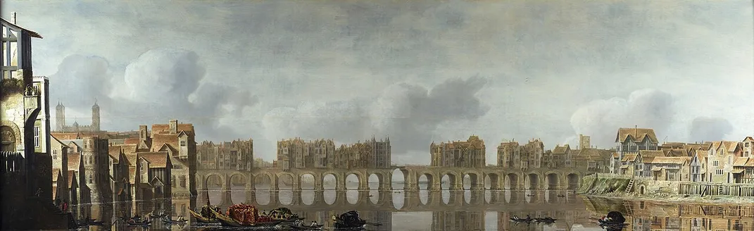 A painting of London Bridge, circa 1630