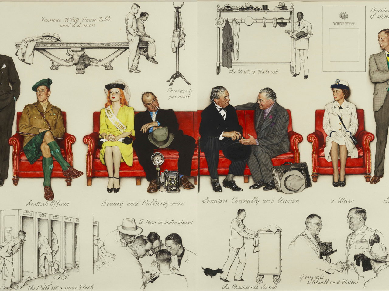 white house guy in dress Norman Rockwell Captured the Hustle of the West Wing Colorful Drawings Displayed for Decades in the House. They're Now on Public View for the First Time Opinion: Wardrobe diplomacy : NPR