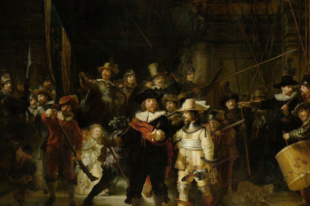 Dark painting of men preparing for civic guard