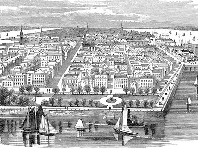 Charleston, South Carolina, was founded in 1670 and is the state's oldest city. The drawing depicts it in 1860.