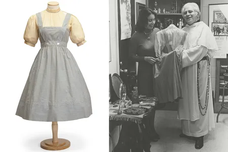 Left: Photo of the dress from a Bonhams auction listing. Right: Father Gilbert Hartke with the gifted garment