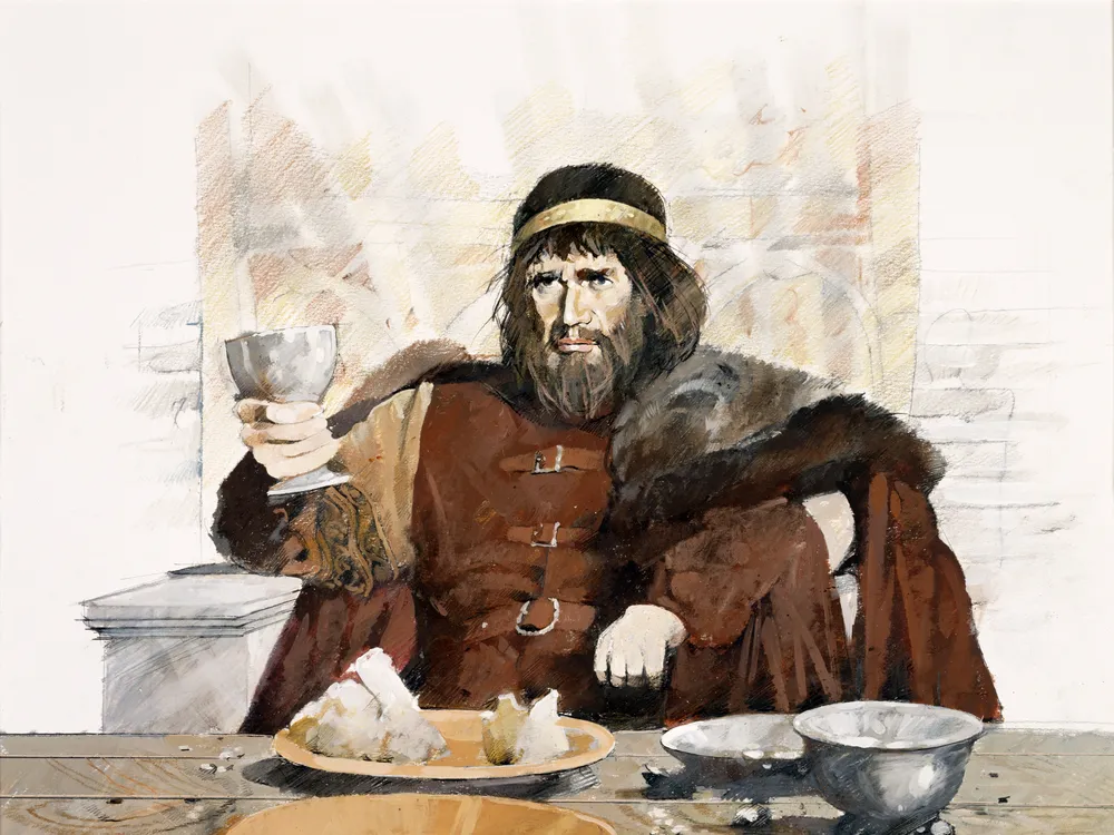 Drawing of an early medieval king eating and drinking at Tintagel Castle in England
