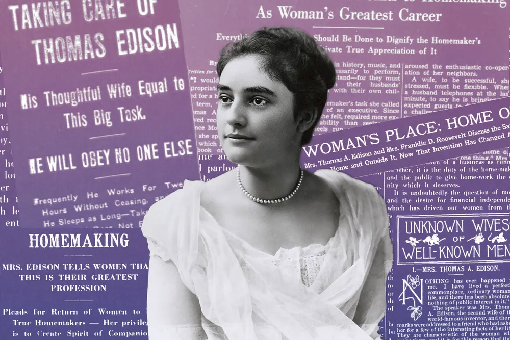 Illustration of Mina Miller Edison in front of newspaper headlines about her activism