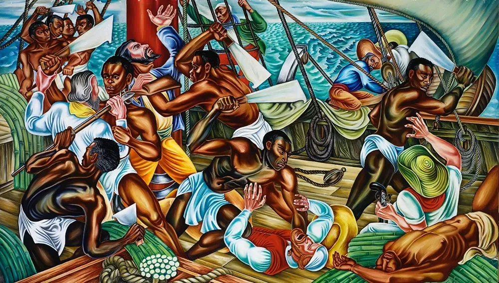 A painting depicts a fight on a ship