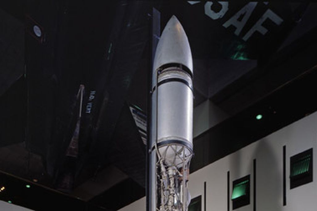 A 1941 Goddard Rocket on display in the Milestones of Flight gallery at the National Mall building.