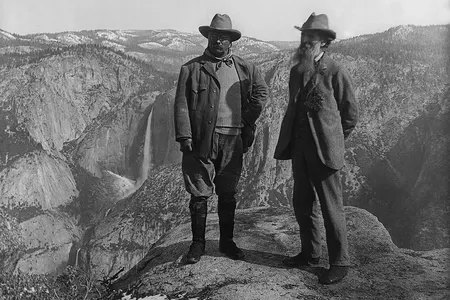 Muir and Roosevelt posed at Glacier Point in Yosemite.
