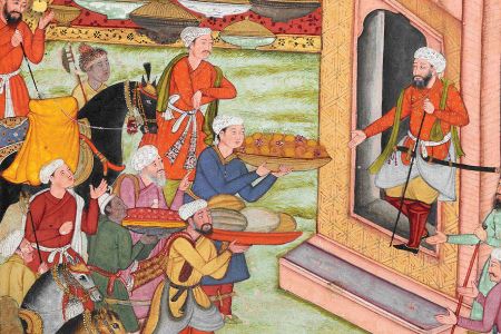 This plate, depicting a banquet being prepared for Babur and his relatives, is one of 143 miniatures in a 1590 illustrated version of The Babur-nama.