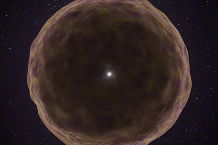 An illustration of SN2021yfj enveloped in a layer of heavy elements during its supernova explosion