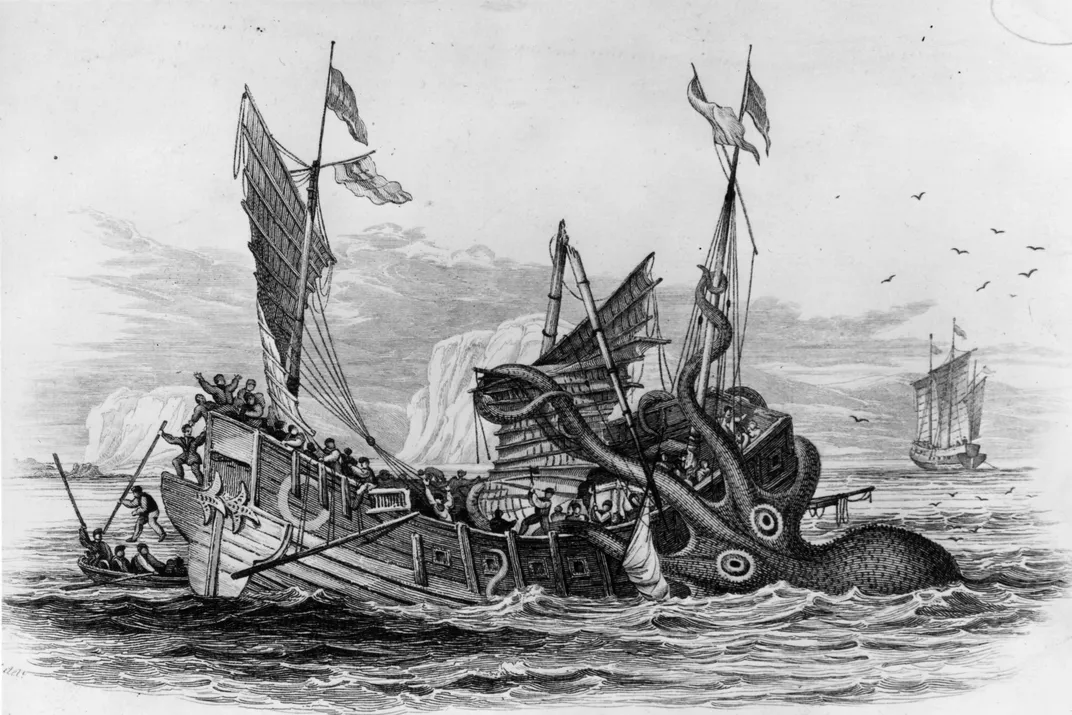 A 1650 illustration of the mythical kraken devouring a ship