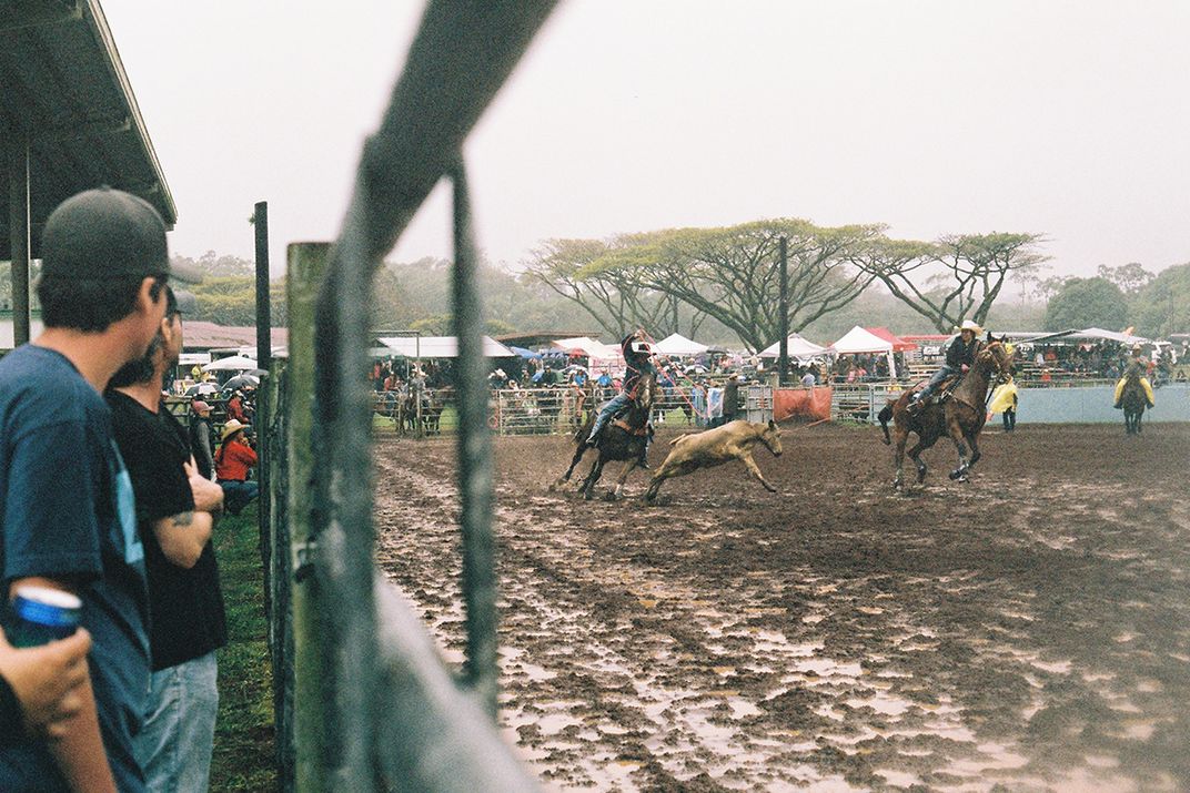 A crowd of people watch a rodeo, as two people on horseback lasso a smaller horse.
