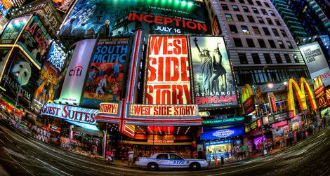 In the midst of Broadway's musicals, there's a little food to be found. Times Square Fisheye.
