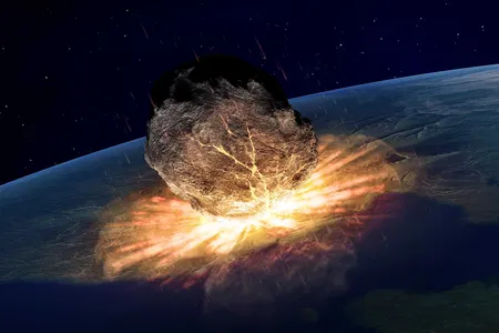 An artist’s illustration shows an asteroid hitting Earth. Large impactors hit the planet every one to three million years.