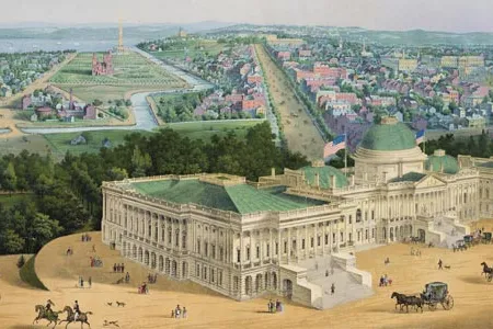 This 1852 lithograph depicts extensions to Thornton's House and Senate Wings; the additions, authorized in 1851, were not yet constructed.