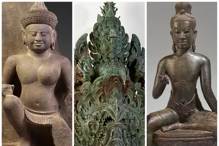 These Cambodian cultural heritage artifacts, once held in the collection of controversial collector Douglas Latchford, will soon be returned to their home country. From left to right: Ardhanarishvara, a half-male, half-female deity from the Angkor period, 10th century; a bronze boat prow from the late 12th century; and a bronze male deity from the 11th-century Angkor period