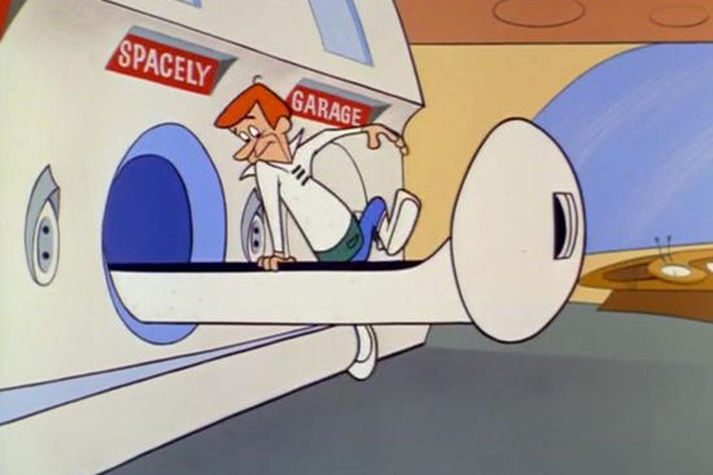 George crawls into a pneumatic tube which will transport him to Mr. Spacely’s office (1963)