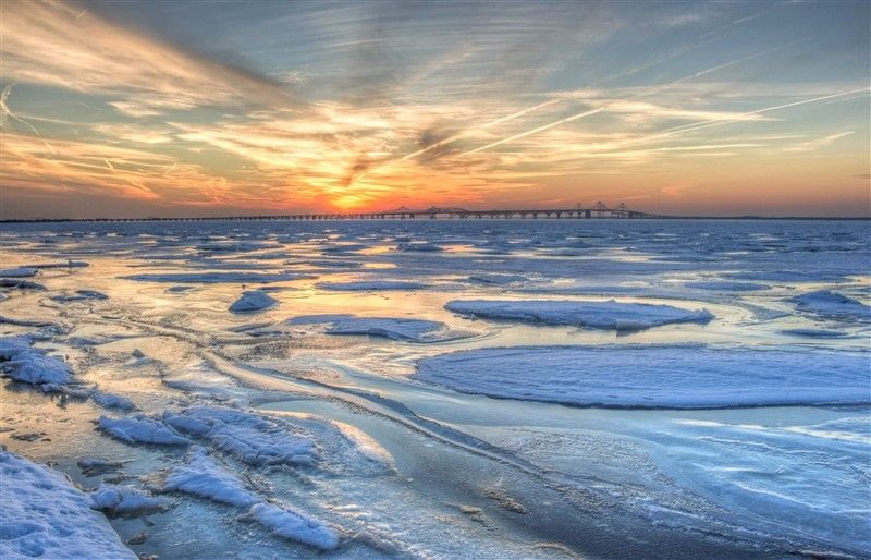 Icy water in the Chesapeake Bay at sunset