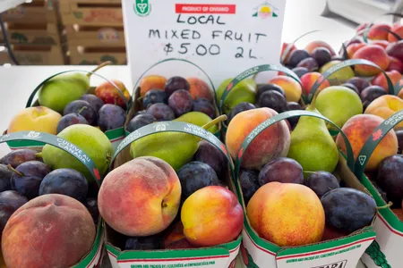 Baskets of local fruit for sale in Niagara, Ontario. Peaches are more frequently being grown in cold-weather climates like Canada as climate change affects the viability of crops.