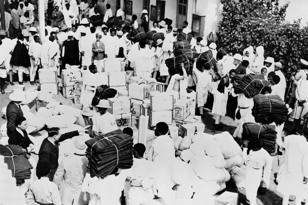 Medical supplies for the front are piled up at a railway station in Addis Ababa, Ethiopia, in 1935.