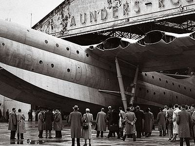 A Rubenesque Princess emerges from a hangar on the Isle of Wight in 1951.