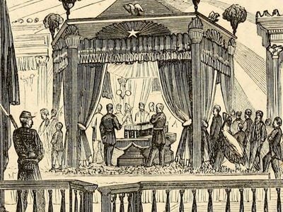 An illustrated depiction of a scene of Lincoln lying in state