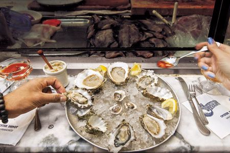 A plate of assorted oysters at Swan Oyster Depot in San Francisco.