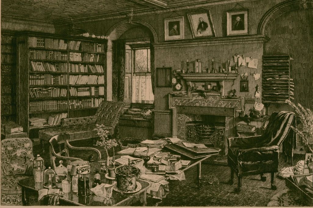A black and white etching of Darwin's study, commissioned a week after Darwin's death. The image shows a full, messy study with many books and papers.