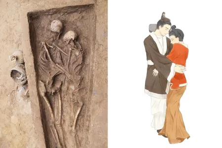 The couple's skeletons (left) and an artist's rendition of the pair (right)